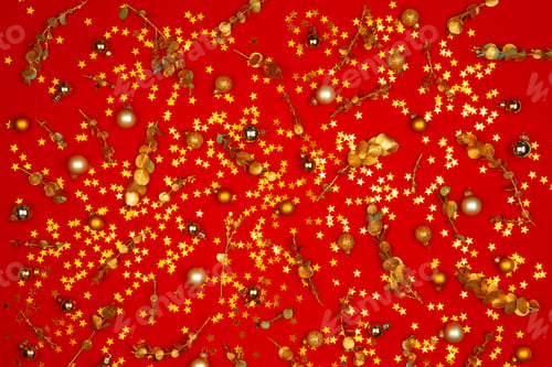 Preview: Christmas pattern of holiday decorations on red background
