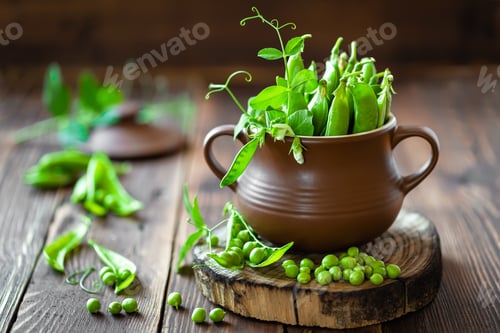 Preview: Fresh green peas on dark wooden rustic background