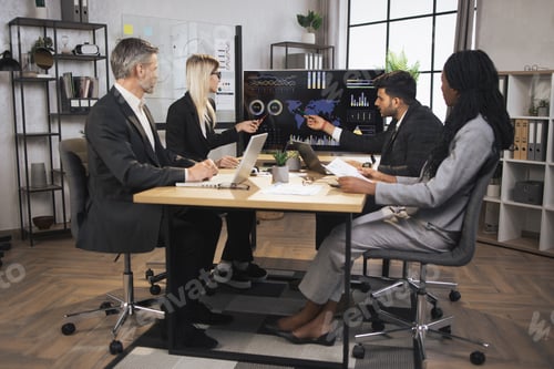 Preview: Pretty female and indian businessman manager at a meeting with their multiracial colleagues