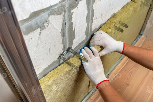 Preview: Worker insulating a room wall with mineral rock wool thermal insulation.