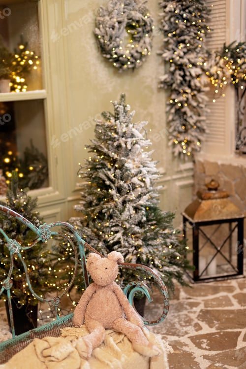 Preview: The snow-covered house is decorated for the new year. Vintage winter courtyard,