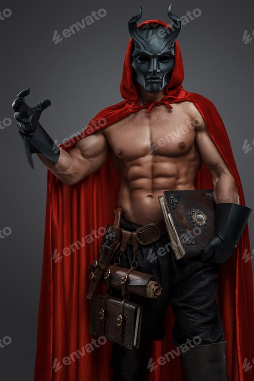Preview: Evil fanatic of dark cult with book against grey background