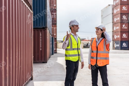 Preview: Caucasian business man and woman worker working in container terminal.