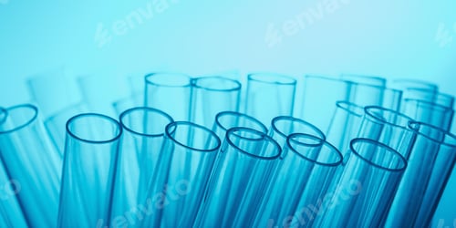 Preview: Transparent laboratory test tubes stand in soft blue light, creating calm scientific background
