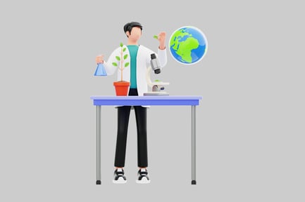 Visualização: Cientista com planta e microscópio
