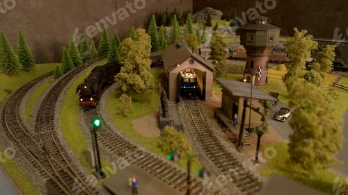Preview: Model trains with steam moving through station in forest.