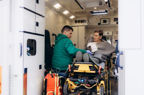Preview: Paramedics questionnaire the patient and put him on a dropper