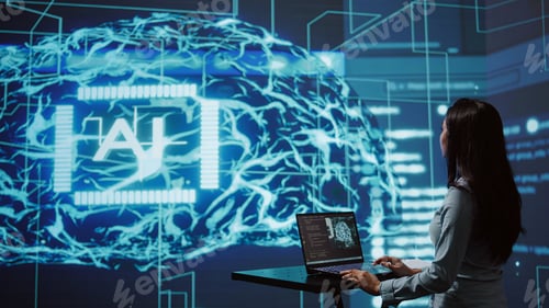 Preview: AI computer scientist using laptop for business data analysis in high tech workspace