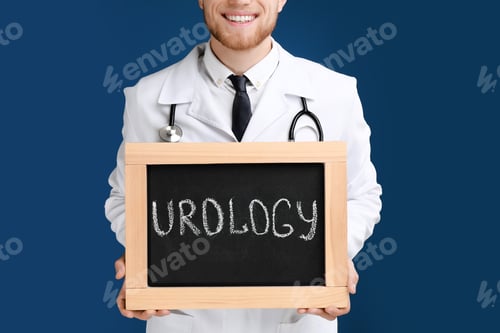 Preview: Male doctor holding small blackboard with word UROLOGY on blue background, closeup