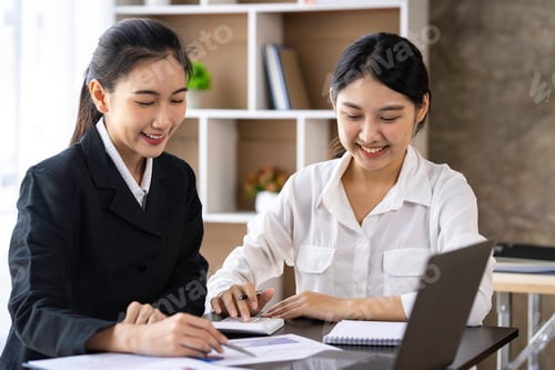 Preview: Teamwork process. Two women with laptops in an open space office. Business concept. Data analysis, r