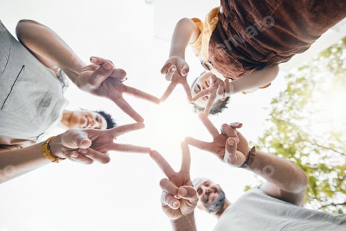 Preview: Family, hands together and star fingers outdoor in low angle, happy and bonding. Father, mother and