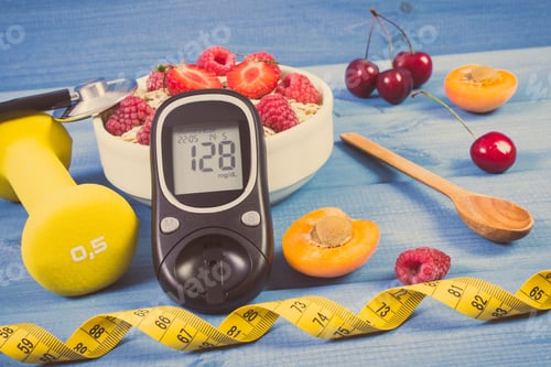 Preview: Glucometer with result sugar level, oat flakes with fruits, dumbbells and centimeter