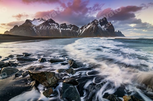 Preview: Sunset at Vestrahorn Mountain and Stokksnes beach. Iceland