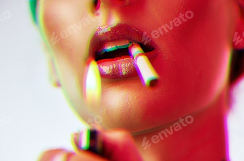 Preview: Beauty, cigarette and lighter with a woman smoking tobacco in studio with neon lights, makeup and m