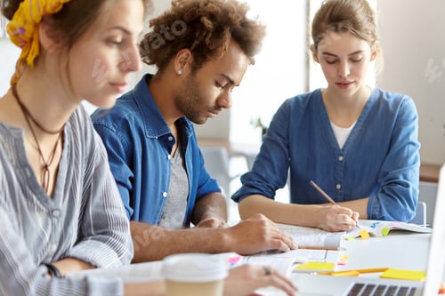 Preview: Portrait of three mixed race students sitting indoors at table doing course paper or writing diploma