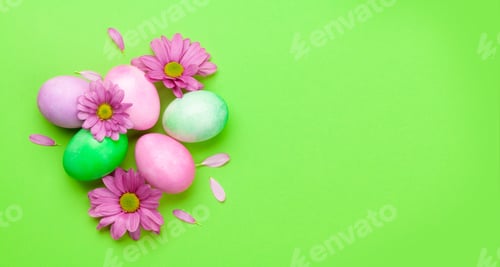 Preview: Easter greeting card with colorful easter eggs and flowers