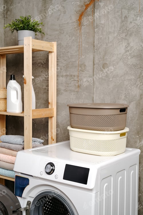 Preview: Cropped photos of bathroom interior with washing machine