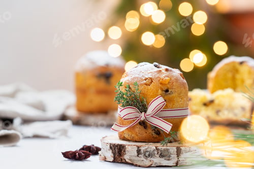 Preview: Traditional Italian Christmas cake Panettone with festive decorations