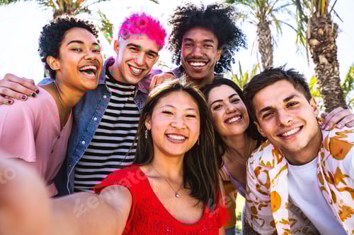 Preview: Multiethnic group of young happy friends hanging out