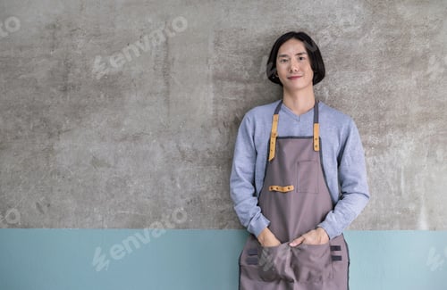 Preview: Startup successful small business owner man stand in his coffee shop or restaurant with copy space
