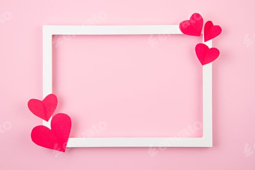 Preview: Paper hearts and white frame over the pink pastel background. Love, Sainte Valentine, mother's