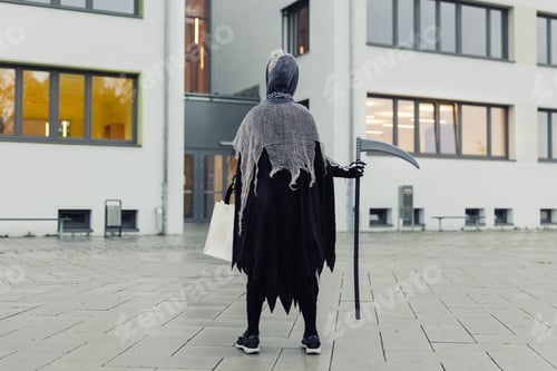 Preview: Back view of kid in grim reaper Halloween costume with scythe and bag for sweets at school building