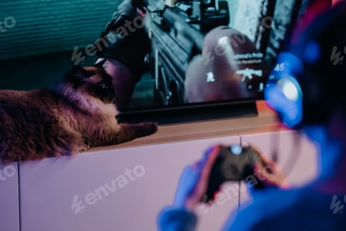 Preview: Girl with cat playing video games