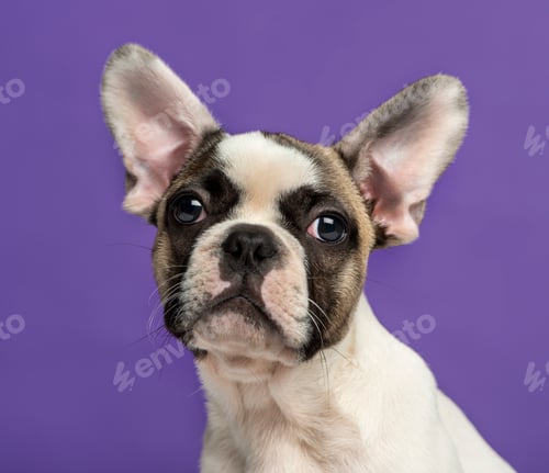 Preview: French Bulldog (3 months old) in front of a purple background