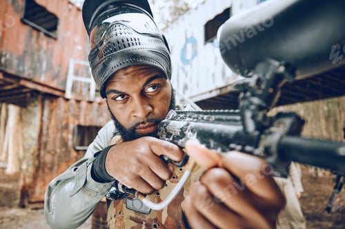 Preview: Paintball gun, shooting man and aim in war game for vision, face or tactical strategy for safety in