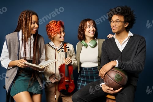 Visualização: Unidade juvenil: grupo diversificado de amigos em trajes elegantes