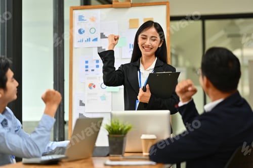 Preview: Business team celebrating success goals, winning and achievement.