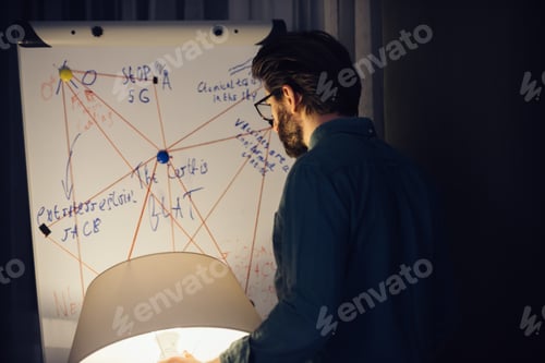 Preview: A conspiracy theorist stands with a floor lamp in his hand near a flipchart with notes.
