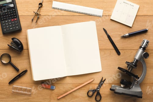 Preview: Desktop with various stationery for school education, top view