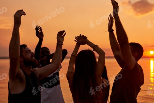 Preview: Ecstatic young students enjoying beach party at sunset