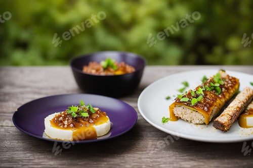 Preview: Exquisite vegetarian appetizer. Oriental snacks coated with honey and garnished with microgreens