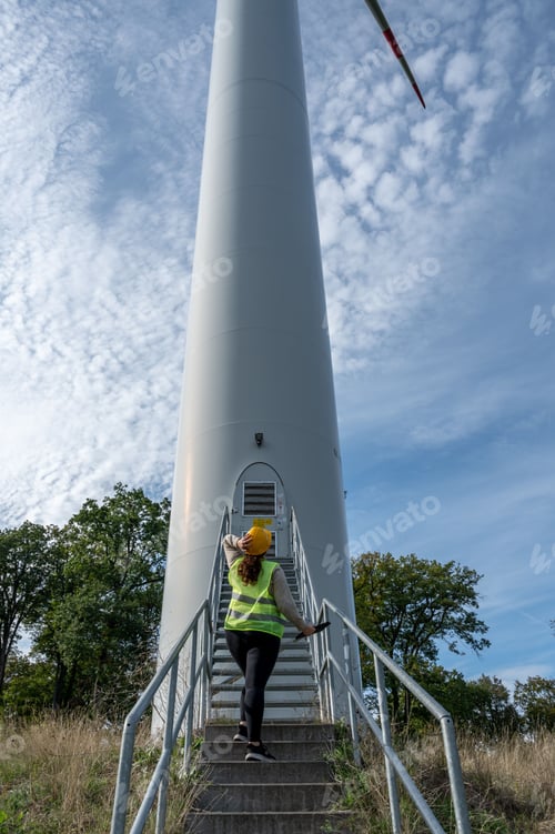 Preview: Worker in protective safety vest stands on a staircase