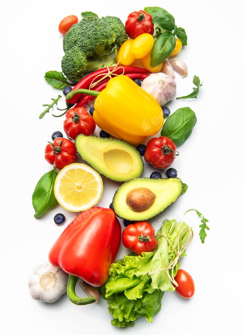 Preview: Fresh healthy eating vegetables and fruits on white