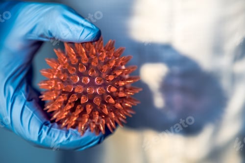 Preview: Gloved Hand Holding Spiked Model of Virus