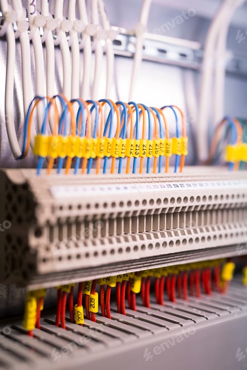Preview: Intricate network of wires and terminals inside a technical control panel