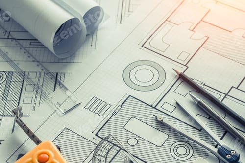Preview: Architectural Blueprint with Drafting Tools on White Paper