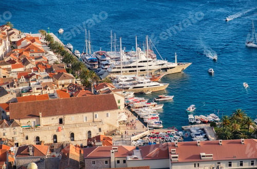 Preview: Hvar island, Croatia. Marina. View of the town from the castle. Landscape in summer time.
