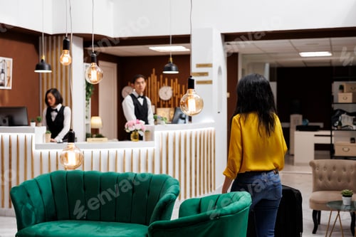 Preview: Woman checking in luxury hotel