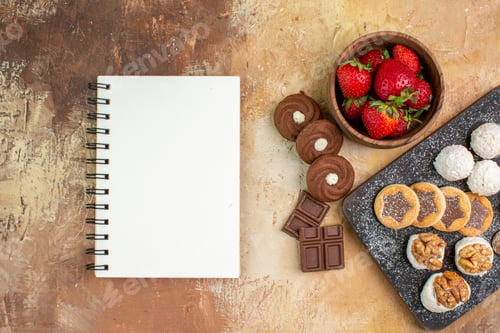 Preview: top view different sweets with cookies and fruits on light desk fruits pie cake