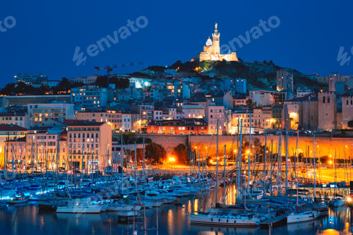 Preview: Marseille Old Port in the night. Marseille, France