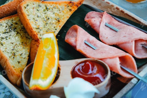 Preview: Breakfast with toast bread and ham on wooden tray