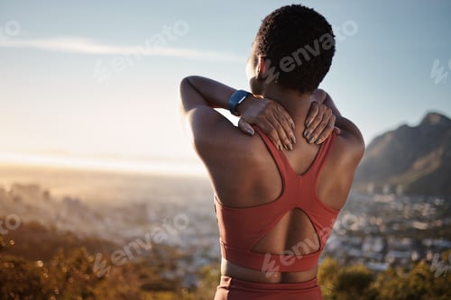Preview: Black woman, stretching and fitness on mountain for relax training, cardio workout or runner freedo