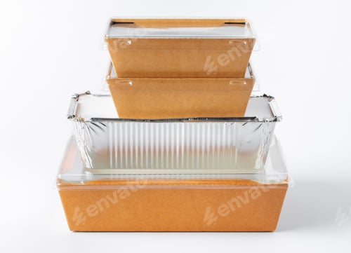 Preview: Assortment of food delivery containers on white background