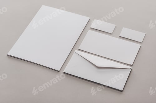 Preview: flat lay with white empty papers and envelopes on grey background