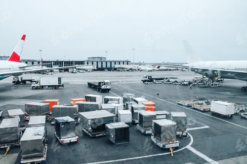Preview: Large airport with cars, containers and planes