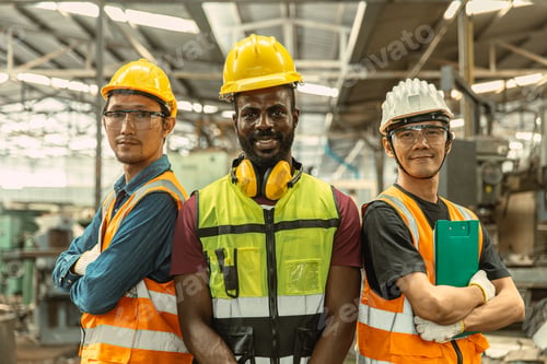 Preview: engineer group of worker team standing arm crossed confident happy smile labor in heavy industry